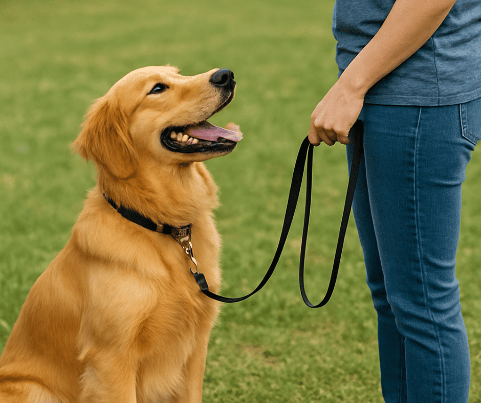Dog walking calmly on leash with owner outdoors