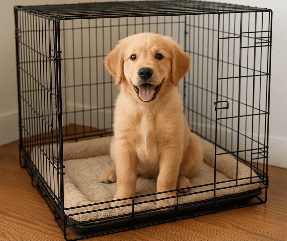 Puppy in crate for safe crate training at home
